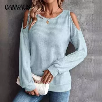 Плюс Размер Женский Новый Осень С Открытыми Плечами Пуговицах Свободный Длинный Рукав Трикотажный Топ S светло-серый