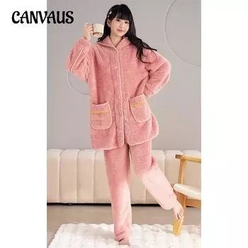 Плюс Размер Женский Новый Осенне-Зимний Кашемировый и Плотный Длинный Рукав Брюки Пижамный Комплект L розовый