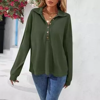 Плюс Размер Женский Новый Осенний Однотонный Топ С Длинными Рукавами На Пуговицах С Отворотом S красный