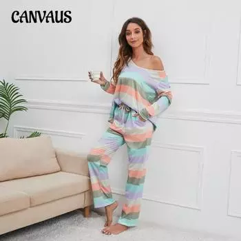 Плюс Размер Женский Новый Осенний Полосатый Печатный Домашний Костюм Повседневный Костюм S