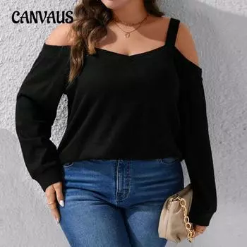 Плюс Размер Женский Новый Осенний Сексуальный С Открытыми Плечами Свободный Повседневный Длинный Рукав Топ 1XL чёрный