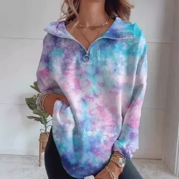 Плюс Размер Женский Новый Осенний Tie Dye Полумолния Повседневный Длинный Рукав Топ 1XL