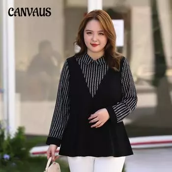 Плюс Размер Женский Новый Осенний Тонкий Лоскутный Длинный Рукав Шифоновый Топ 2XL чёрный