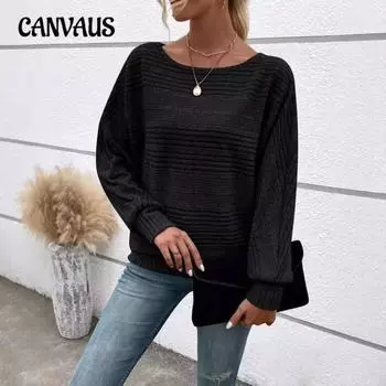 Плюс Размер Женский Новый Осенний Топ В Полоску Круглый Вырез Рукава Летучая Мышь S хаки