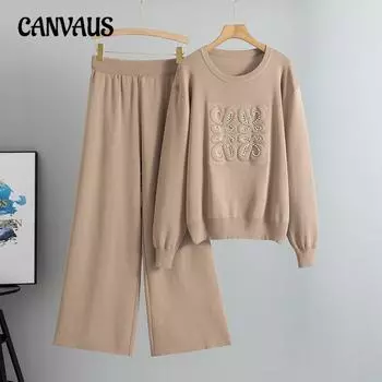 Плюс Размер Женский Новый Осенний Вязаный Свитер Широкие Брюки Мода Простой Темперамент Двухсекционный Костюм One size хаки