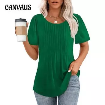 Плюс Размер Женский Новый Плиссированный Круглый Вырез Топ Короткие Рукава Топ S белый