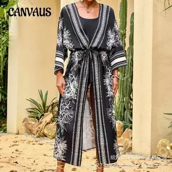 Плюс Размер Женский Новый Пляжный Принт Кардиган Бикини Солнцезащитный Купальник С Прикрытием One Size