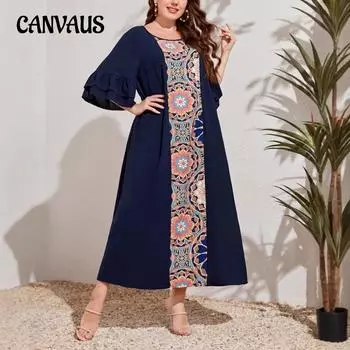 Плюс Размер Женский Новый Принт Пуловер Темперамент Пригородный Длинное Платье 0XL темно-синий