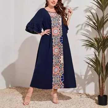 Плюс Размер Женский Новый Принт Пуловер Темперамент Пригородный Длинное Платье 0XL темно-синий