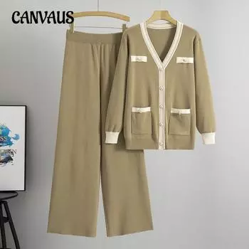 Плюс Размер Женский Новый Свитер Вязаный Кардиган Свободный Ленивый Модный Костюм Из Двух Частей One Size хаки