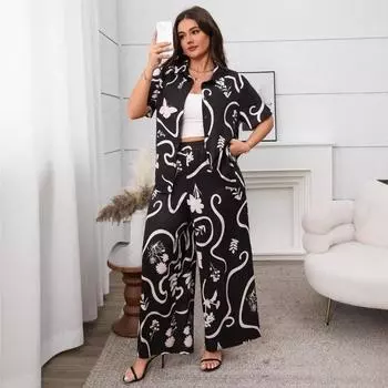 Плюс Размер Женский Новый Свободный Кардиган С Короткими Рукавами Широкие Брюки Костюм 1XL чёрный