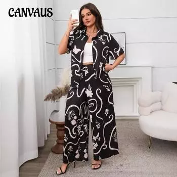 Плюс Размер Женский Новый Свободный Кардиган С Короткими Рукавами Широкие Брюки Костюм 1XL чёрный