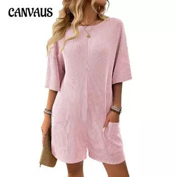 Плюс Размер Женский Новый Свободный Карман Сзади V-образный вырез Короткий Рукав Комбинезон S темно-серого