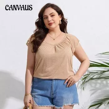 Плюс Размер Женский Новый Свободный Отдых Отдых Однотонный Цвет Короткий Рукав Топ 1XL хаки