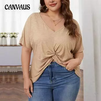 Плюс Размер Женский Новый Свободный Повседневный Трикотажный Топ С V-образным Вырезом Неровным Подолом Короткие Рукава 1XL оранжевый