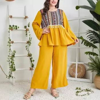 Плюс Размер Женский Новый Свободный Ретро Цвет Бахрома Темперамент Пригородный Литературный Принт Костюм 0XL жёлтый