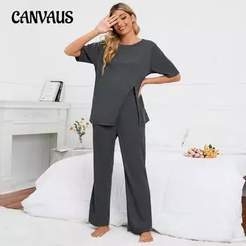 Плюс размер женский однотонный круглый вырез разрез трикотажный топ брюки домашняя одежда повседневный костюм S темно-серого