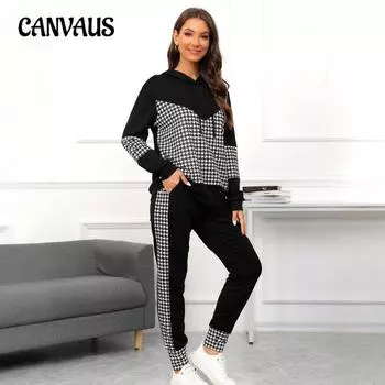 Плюс Размер Женский Осень Новый Спортивный Досуг Тысяча Птиц Лоскутная Мода С Капюшоном Топ Брюки Двухсекционный Костюм S чёрный