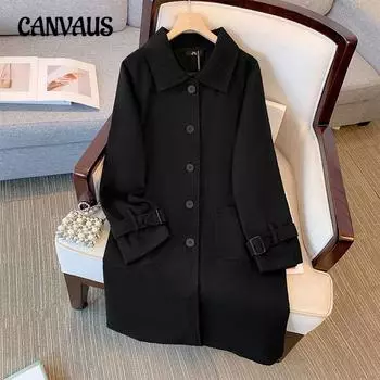 Плюс Размер Женский Осенне-Зимний Твидовый Пиджак Тренч Пальто Стиль Хепберн 2XL чёрный