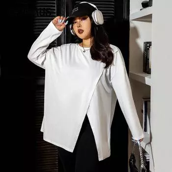 Плюс Размер Женский Осенний Дизайн Разрез По Боку С Ощущением Базы Свободный Топ С Длинными Рукавами 1XL белый