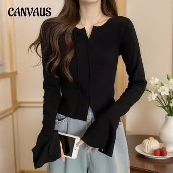 Плюс Размер Женский Осенний Дизайн Sense Длинный Рукав с Базовым Топом 2XL чёрный