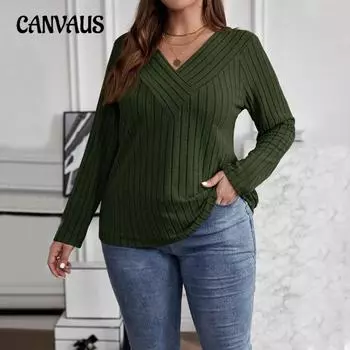 Плюс Размер Женский Осенний Элегантный Интеллектуальный Модный Свободный Тонкий V-образный Вырез Длинный Рукав Топ 1XL армия зеленый