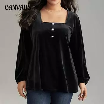 Плюс Размер Женский Осенний Элегантный Квадратный Воротник Модный Свободный Однотонный Длинный Рукав Топ 1XL чёрный