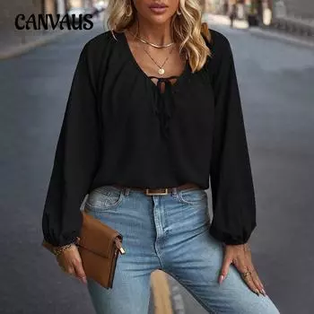 Плюс Размер Женский Осенний Элегантный Свободный V-образный Вырез Шнуровка Утягивающий Базовый Топ 1XL чёрный