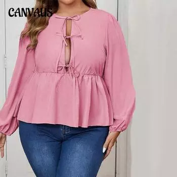 Плюс Размер Женский Осенний Милый Сексуальный Круглый Вырез Рукава Пузырь С Длинным Рукавом Топ 1XL