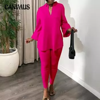 Плюс Размер Женский Осенний Модный Однотонный Костюм С V-образным Вырезом И Длинными Рукавами Топ Брюки S хаки