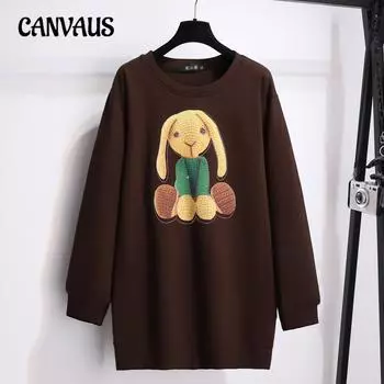 Плюс Размер Женский Осенний Мультфильм Свободный Пуловер Средней Длины Круглый Вырез Толстовка XL кофейный