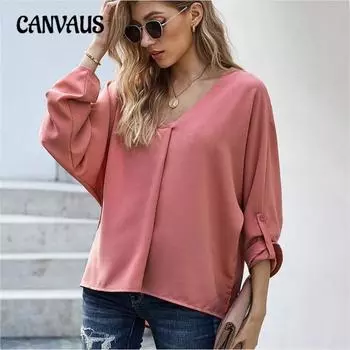 Плюс Размер Женский Осенний Однотонный Свободный Пуловер V-образный Вырез Темперамент Топ S белый