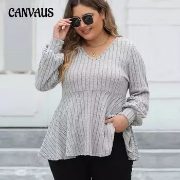 Плюс Размер Женский Осенний Повседневный Свободный Утягивающий Топ С V-образным Вырезом и Длинными Рукавами 1XL серый