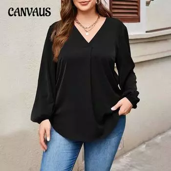 Плюс Размер Женский Осенний Простой Интеллектуальный Модный V-образный Вырез Slim Fit Топ 1XL чёрный