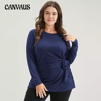 Плюс Размер Женский Осенний Простой Элегантный Новый Тонкий Плиссированный Кинч Тонкий Топ 1XL синий