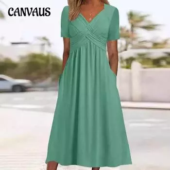 Плюс Размер Женский Осенний Темпераментный Пуловер Однотонный Цвет Короткие Рукава Платье Круглый Вырез Платье S чёрный