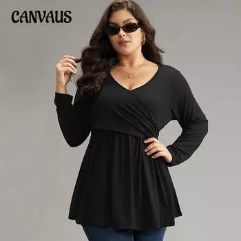 Плюс Размер Женский Осенний Урожай Талия Пеплум Сексуальный V-образный вырез Однотонный Темпераментный Длинный Рукав Топ 1XL чёрный