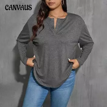 Плюс Размер Женский Осенний V-образный вырез Простой Серый Все Свободный Утягивающий Низ Верх 1XL серый