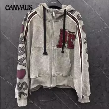 Плюс Размер Женский Осенний Вышитый Толстый Флисовый Капюшон Свободный Кардиган Худи L