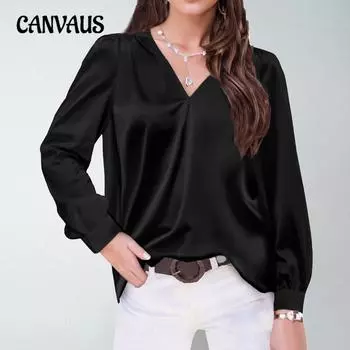 Плюс Размер Женский Плиссированный Длинный Рукав V-образный Вырез Повседневный Свободный Топ Для Пригородных Перевозок S чёрный