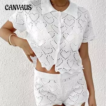 Плюс Размер Женский Пляжный Халат Поло Топ Мини Бедра Шорты Костюм Из Двух Частей S белый