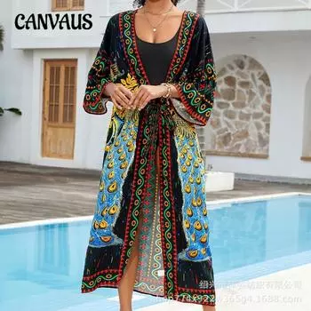 Плюс Размер Женский Пляжный Принт Кардиган Бикини Солнцезащитный Купальник С Накидкой One Size