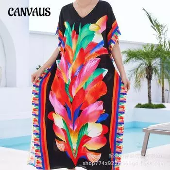 Плюс Размер Женский Пляжный Принт Свободный Праздничный Загар Бикини Накидка One Size