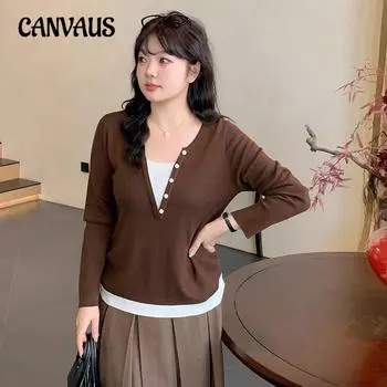 Плюс Размер Женский Поддельный Два Контрастных Цвета Осенний Утягивающий Трикотажный Свитер XL чёрный