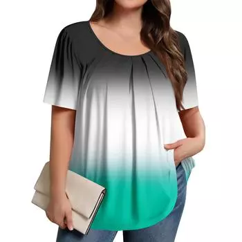 Плюс Размер Женский Повседневный Круглый Вырез Плиссированный Короткий Рукав Однотонный Топ XXL белый