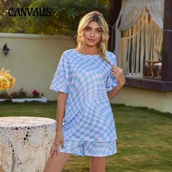 Плюс Размер Женский Повседневный Летний Клетчатый Печатный Круглый Вырез Топ Домашняя Одежда Пижамный Комплект S