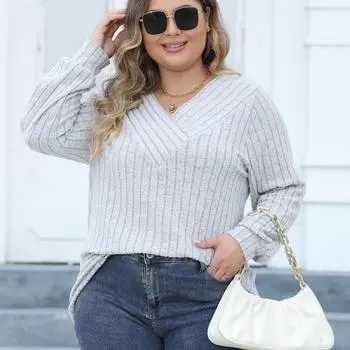 Плюс Размер Женский Повседневный Топ Оверсайз Пуловер Однотонная Женская Одежда Трикотажная Рубашка с V-образным вырезом Футболка L чёрный