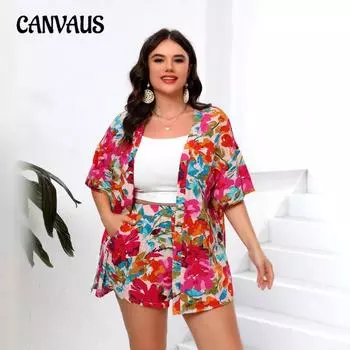 Плюс Размер Женский Праздничный Принт Элегантная Рубашка Короткий Рукав Костюм Из Двух Частей 0XL