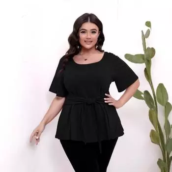 Плюс Размер Женский Простой Круглый Вырез Пояс Тонкий Топ Короткие Рукава 1XL чёрный
