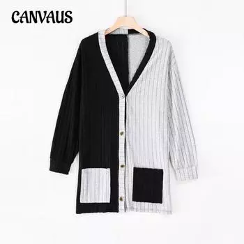 Плюс Размер Женский Простой V-образный вырез Осенний Новый Свободный Трикотажный Кардиган Свитер 1XL серый/чёрный